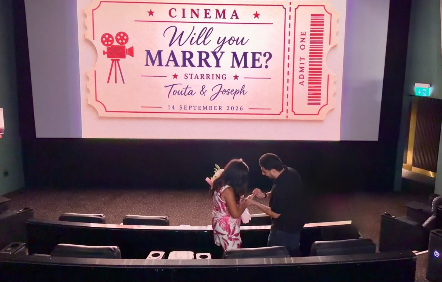 Original photo of the cinema engagement proposal